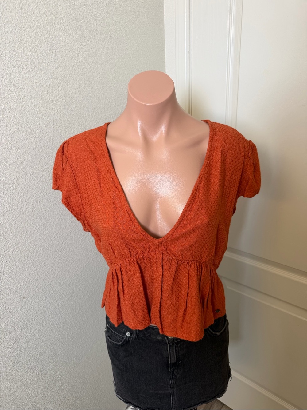 Roxy Deep V-Neck Orange Peplum Women's Top Sz L